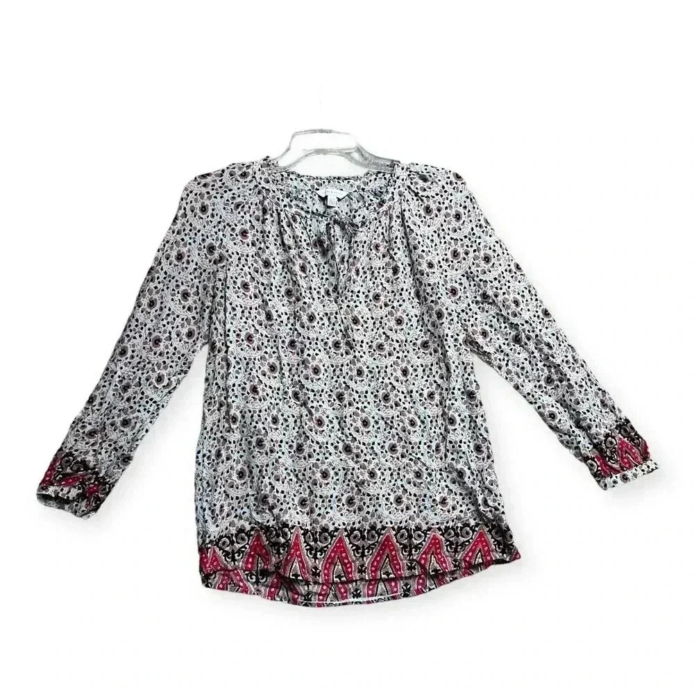 Lucky Brand Womens Blue Floral Top Xsmall 3/4 Sleeve Boho Peasant Batik